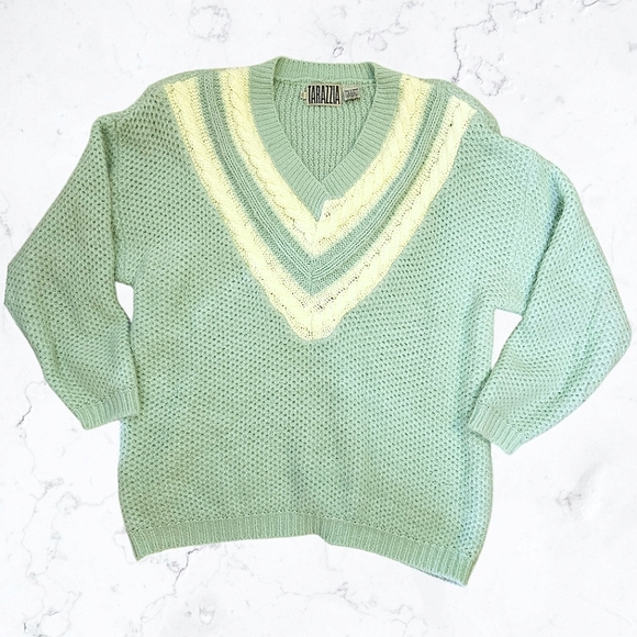 Vintage 80s Tarazzia Teal & White Fuzzy Oversize Knit Sweater - Picture 3 of 7